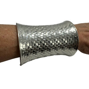 Wide Woven Cuff Bracelet Statement Fashion Jewelry Silver Tone‎